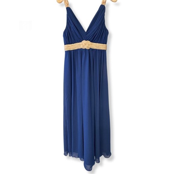 💙 Stunning Cobalt Blue Bari Jay Formal Maxi Dress with Gold Accents – Size 12 - Picture 1 of 7